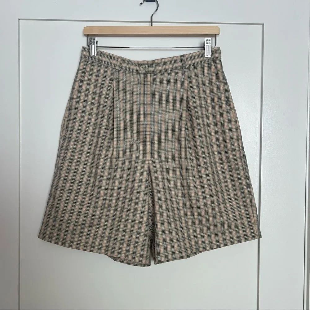 Vtg David Smith Womens Walking Shorts Size 10 Beige Plaid High Waist Made In USA